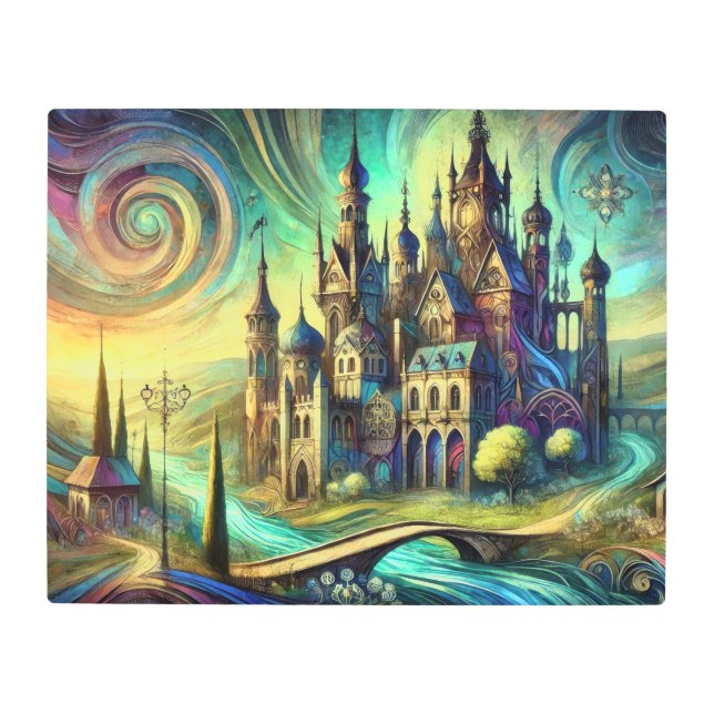 Fantasy Castle with Swirling Sky and Flowing River Metal Print (Front)