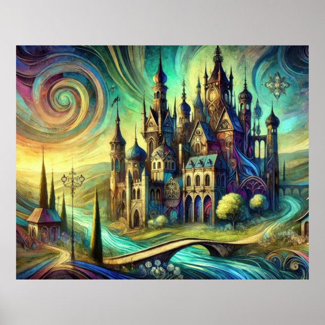 Fantasy Castle with Swirling Sky and Flowing River Poster (Front)
