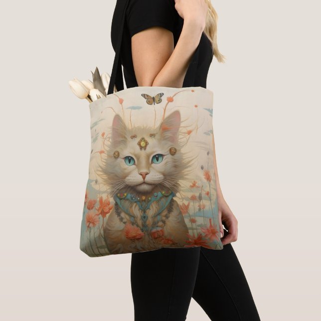Fantasy Cat Flowers Tote Bag (Close Up)