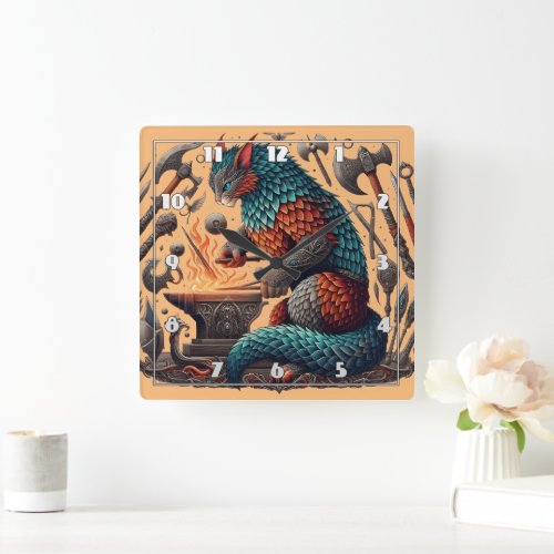 Fantasy Cat Forging in a Magical Workshop Square Wall Clock