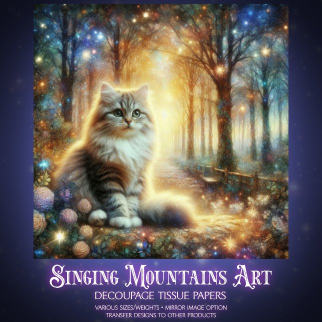 Fantasy Cat in a Floral Woodland Garden Decoupage  Tissue Paper (Creator Uploaded)