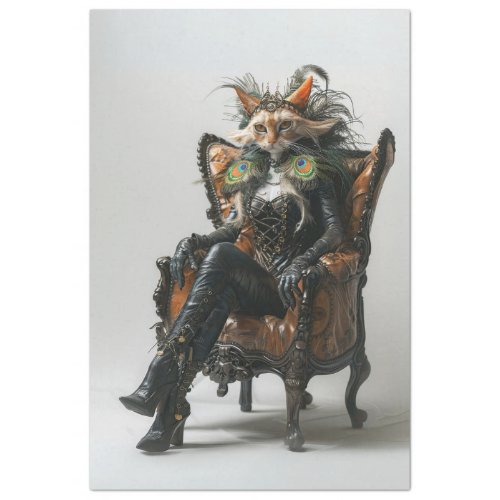 Fantasy Cat in Leather Peacock Decoupage Tissue Paper