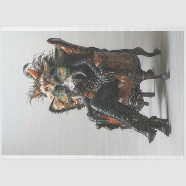 Fantasy Cat in Leather Peacock Decoupage Tissue Paper (Front)