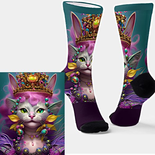 Fantasy Cat Princess Queen with Gold Crown on Aqua Socks