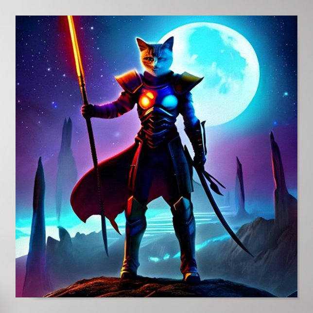 Fantasy Cat Warrior Poster - Sci Fi Space Cat Art (Front)
