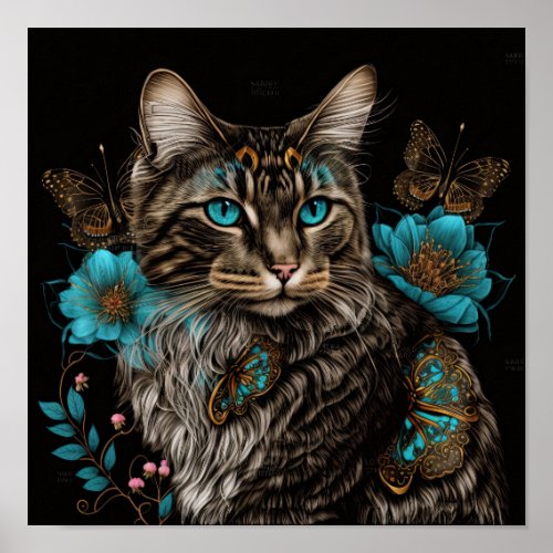 Fantasy cat with flowers and butterflies AI art Poster