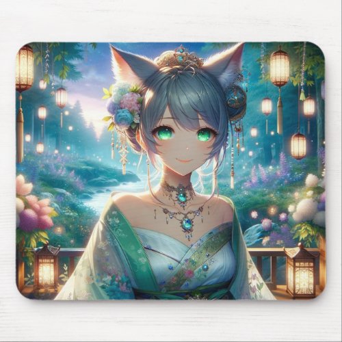 Fantasy Catgirl Lantern Forest Dance Mouse Pad