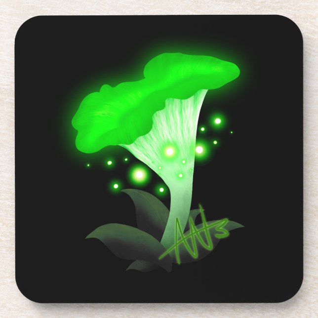 Fantasy Chanterelle Glowing Green Mushroom Beverage Coaster (Front)