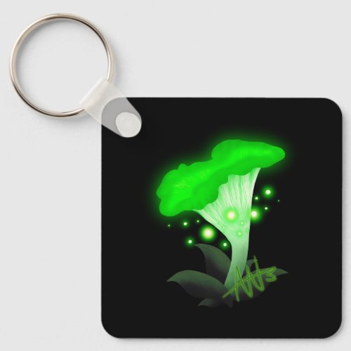 Fantasy Chanterelle Glowing Green Mushroom Metal Keychain