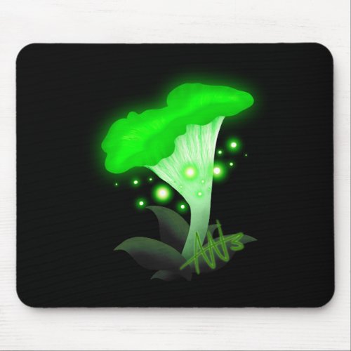Fantasy Chanterelle Glowing Green Mushroom Mouse Pad