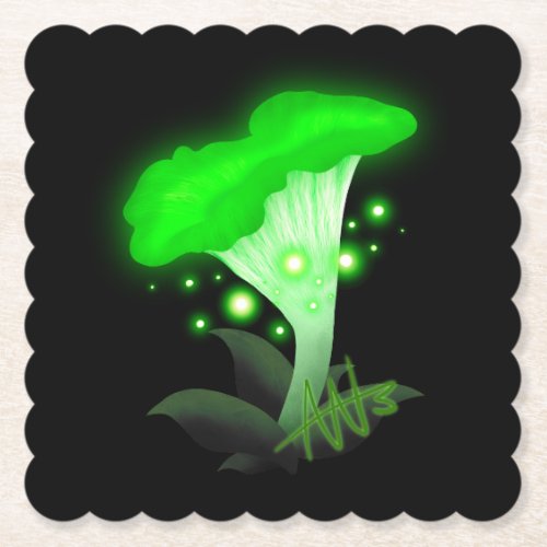 Fantasy Chanterelle Glowing Green Mushroom Paper Coaster