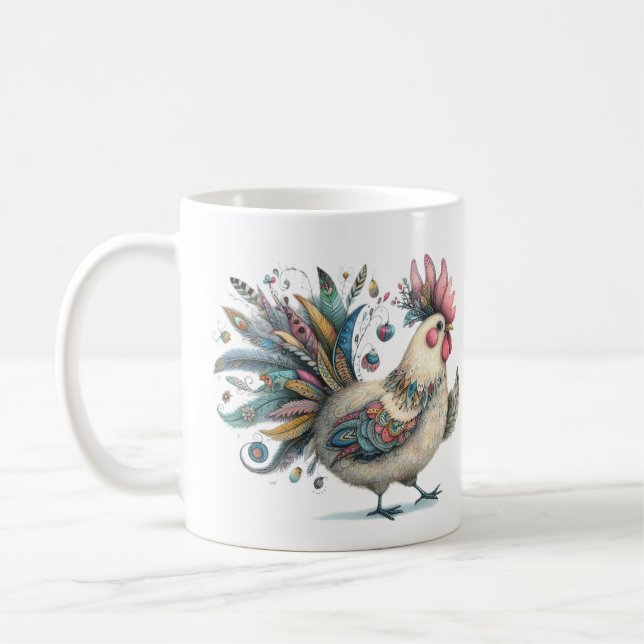 Fantasy Chicken or Rooster Folk Art Illustration Coffee Mug (Left)