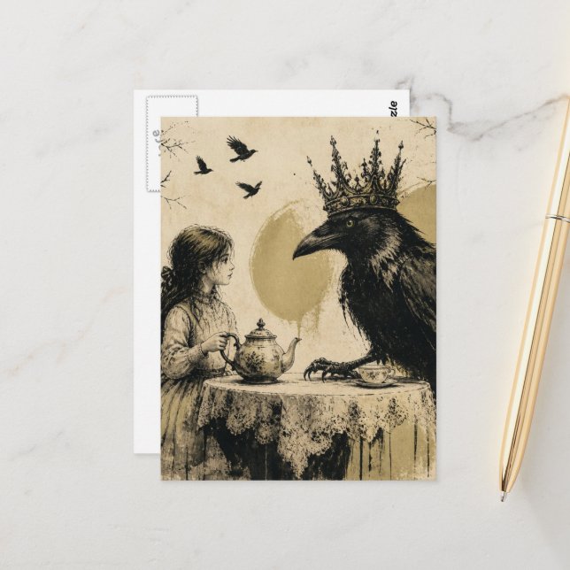 Fantasy Child a Royal Raven Tea Party Messy Inks Postcard (Front/Back In Situ)