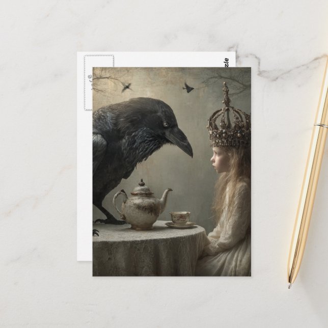 Fantasy Child a Royal Raven Tea Party Retro Postcard (Front/Back In Situ)