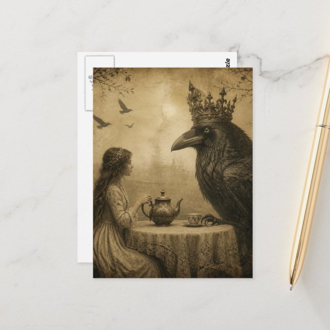 Fantasy Child and a Royal Raven Tea Party  Postcard (Front/Back In Situ)