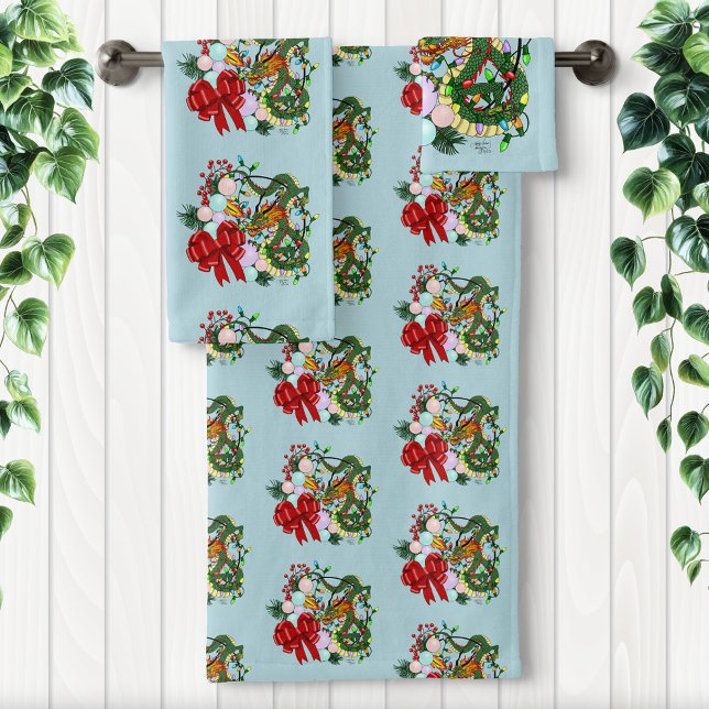 Fantasy Chinese Dragon Christmas Wreath Fantasy Bath Towel Set (Creator Uploaded)