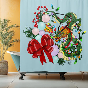 Fantasy Chinese Dragon Christmas Wreath Fantasy Shower Curtain