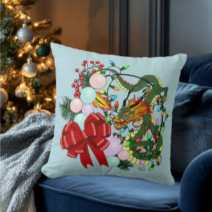 Fantasy Chinese Dragon Christmas Wreath Fantasy Throw Pillow
