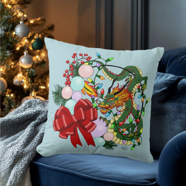 Fantasy Chinese Dragon Christmas Wreath Fantasy Throw Pillow (Creator Uploaded)