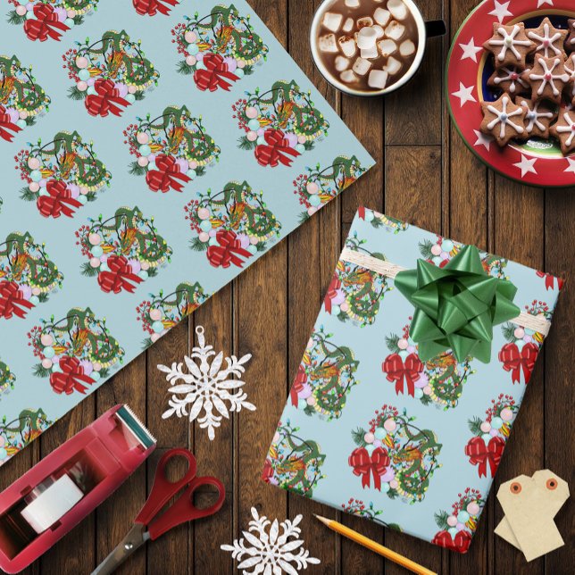 Fantasy Chinese Dragon Christmas Wreath Fantasy Wrapping Paper (Creator Uploaded)