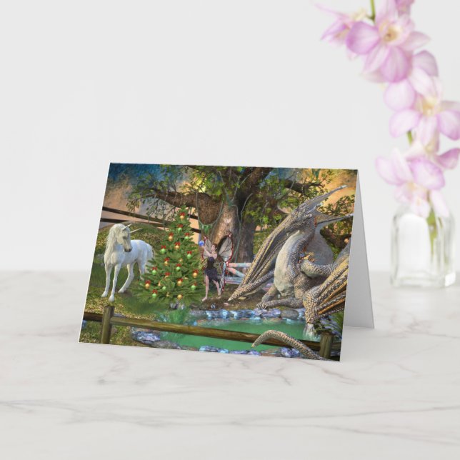 Fantasy Christmas Fairy Unicorn Dragon  Card (Orchid)