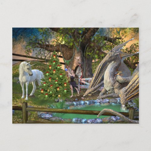 Fantasy Christmas Fairy Unicorn Dragon Postcard