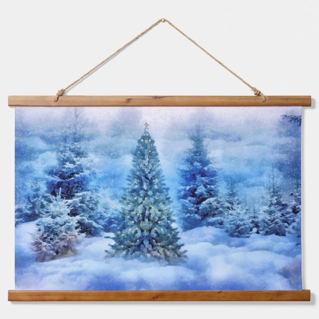 Fantasy Christmas Tree in the Snow and Clouds Hanging Tapestry (Front)