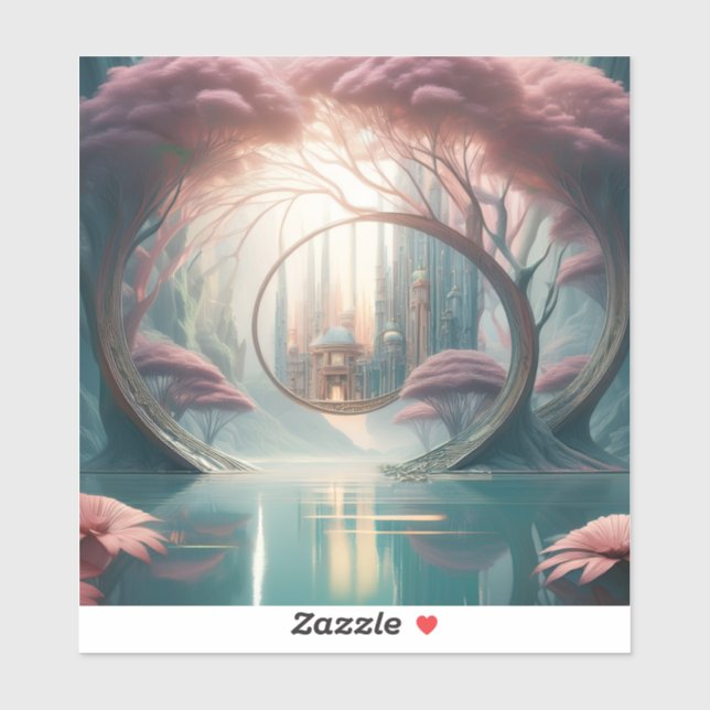 Fantasy City Seen Thru A Blue Lake And Pink Trees Sticker (Sheet)
