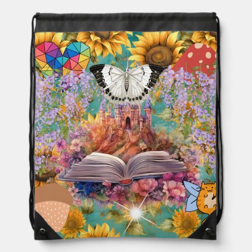 Fantasy Clipart Collage Castle Floral Butterfly Drawstring Bag