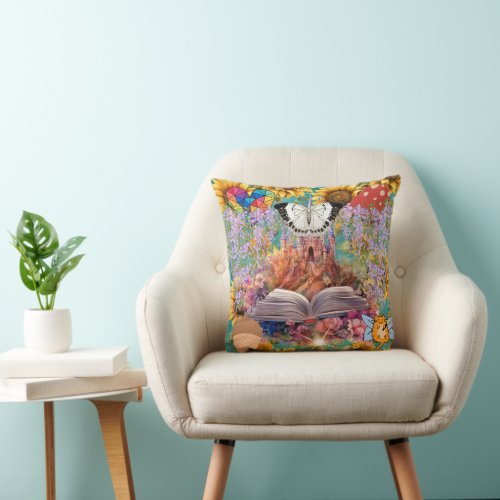 Fantasy Clipart Collage Castle Floral Butterfly Throw Pillow