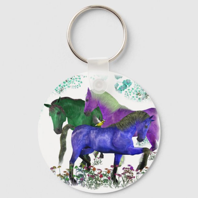 Fantasy colored horses in flowers graphic design keychain (Front)