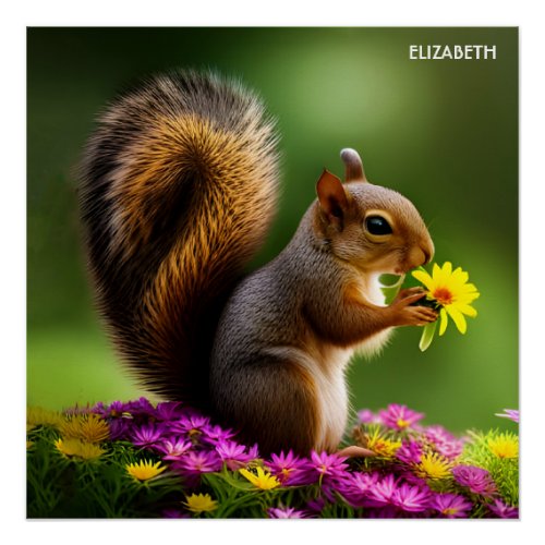 Fantasy Colorful Cute Squirrel With Flowers Poster