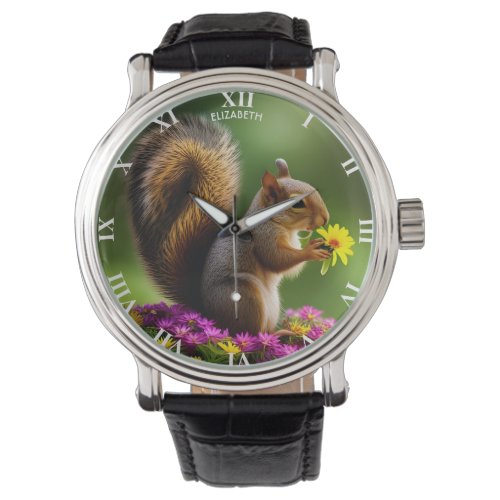 Fantasy Colorful Cute Squirrel With Flowers Watch