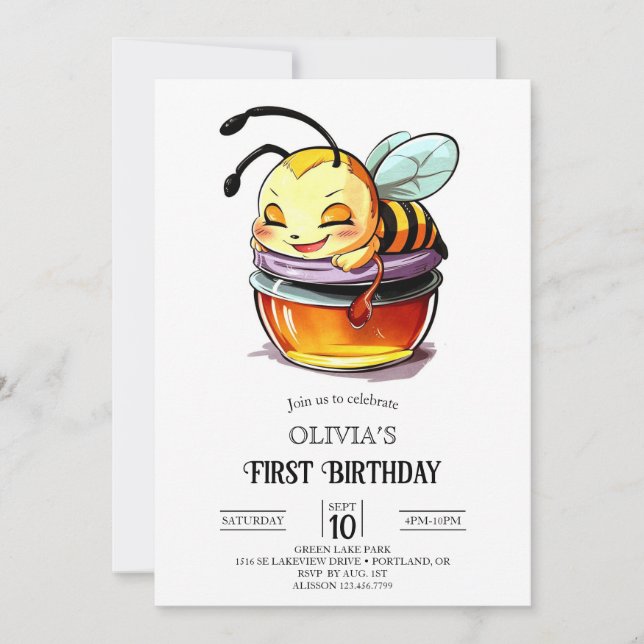 Fantasy Colorful Digital Bee 1st Birthday Invitation (Front)