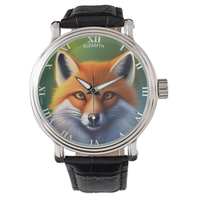 Fantasy Colorful Fox Art Deco Style Watch (Front)