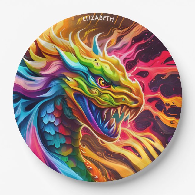 Fantasy Colorful Myth Vivid Dragon. Paper Plates (Front)