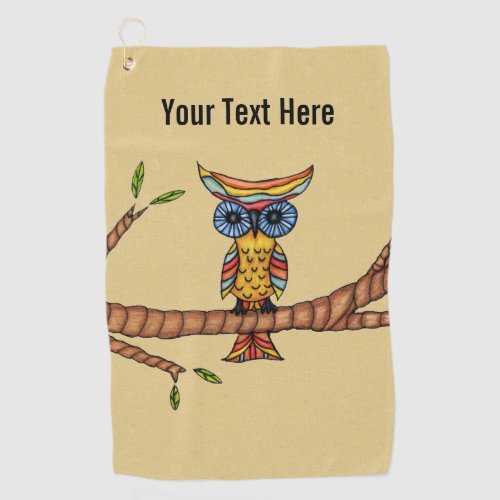 Fantasy Colorful Owl Big Blue Eyes on Branch Brown Golf Towel