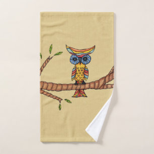 Fantasy Colorful Owl Big Eyes on Branch on Tan Hand Towel