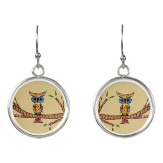 Fantasy Colorful Owl Sitting on Branch Leaves Tan Earrings