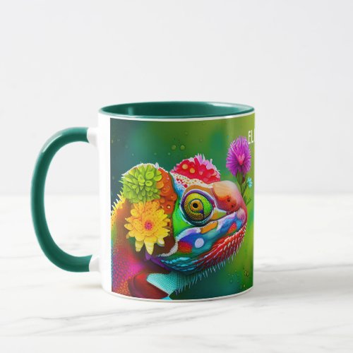 Fantasy Colorful Panther Chameleon With Flowers Mug