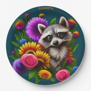 Fantasy Colorful Racoon With Flowers Paper Plates