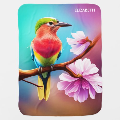 Fantasy Colorful Roller Bird Cherry Blossom Baby Blanket