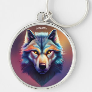 Fantasy Colorful Wolf Art Deco Style Keychain