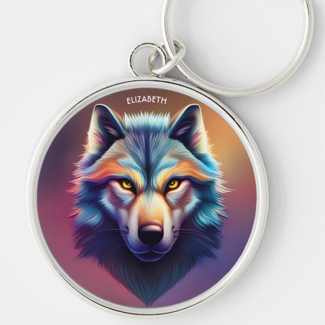 Fantasy Colorful Wolf Art Deco Style Keychain (Front)