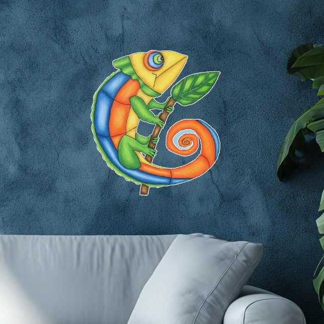 Fantasy Colourful Lizard Big Eyes Holding Leaf Wall Decal (Fun lizard bright colours with leaf on stick big round eyes on cut out wall decal decoration.)