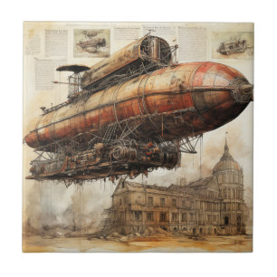 Fantasy Copper Airship Above a Magical City Ceramic Tile