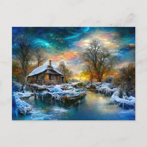 Fantasy cottage in winter North lights in the riv Postcard