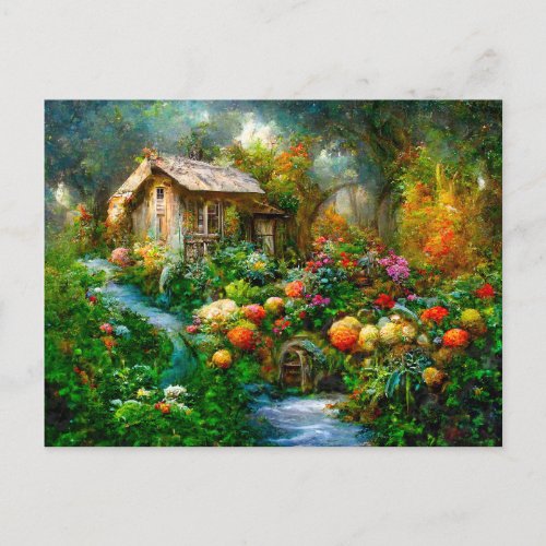 Fantasy cottage with lush garden full of flowers postcard