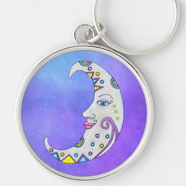 Fantasy Crescent Moon Colorful Markings Stars Sky Keychain (Front)