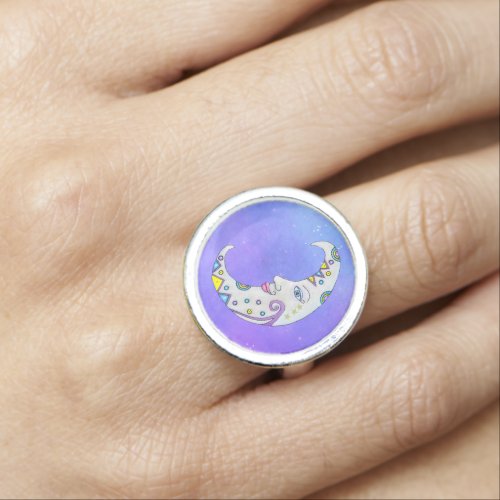 Fantasy Crescent Moon Colorful Shapes Purple Sky Ring